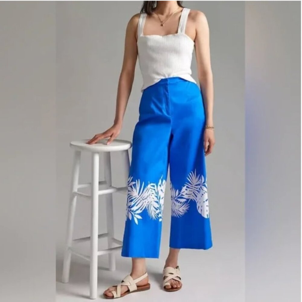 Anthropologie Hutch Blue & White Wide Leg Cropped Pants Women's 8